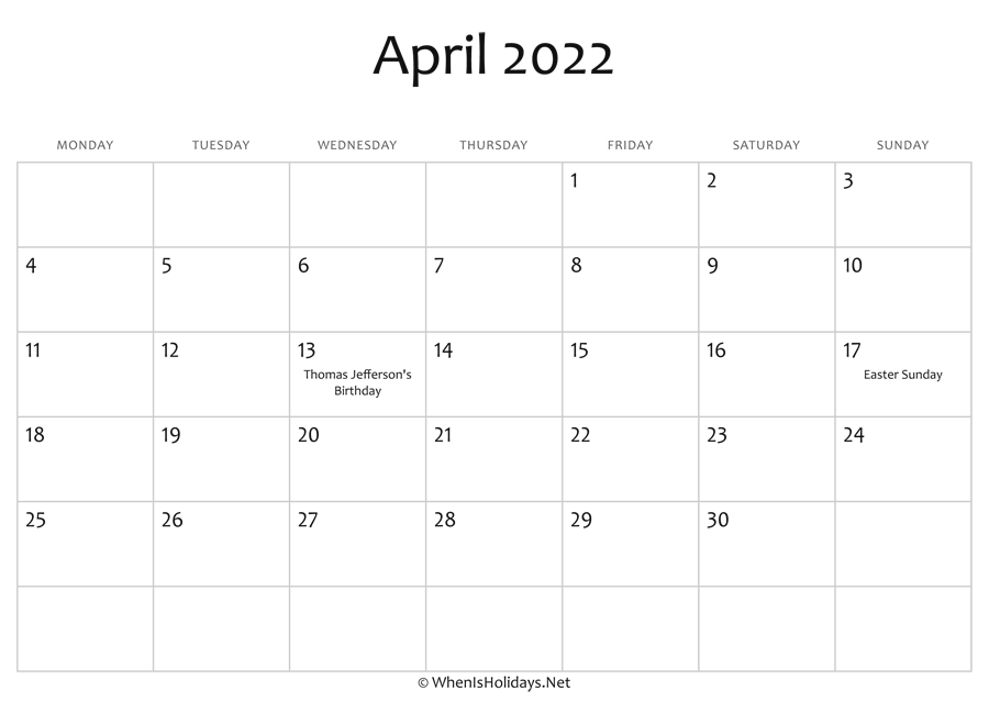 Easter Sunday 2022 Calendar April 2022 Calendar Printable With Holidays | Whenisholidays.net