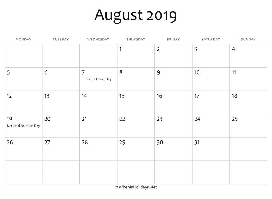 August 2019 Calendar Printable with Holidays | WhenisHolidays.Net
