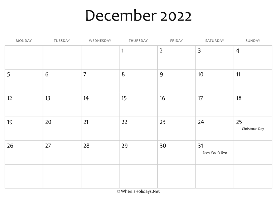 Dec 2022 Calendar With Holidays December 2022 Calendar Printable With Holidays | Whenisholidays.net