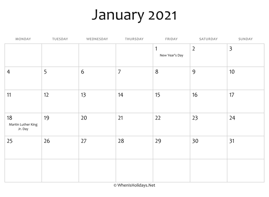 January 2021 Calendar Printable With Holidays Whenisholidaysnet