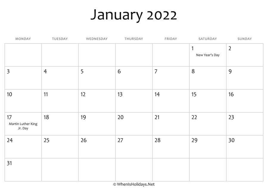 Editable Calendar January 2022 January 2022 Calendar Printable With Holidays | Whenisholidays.net