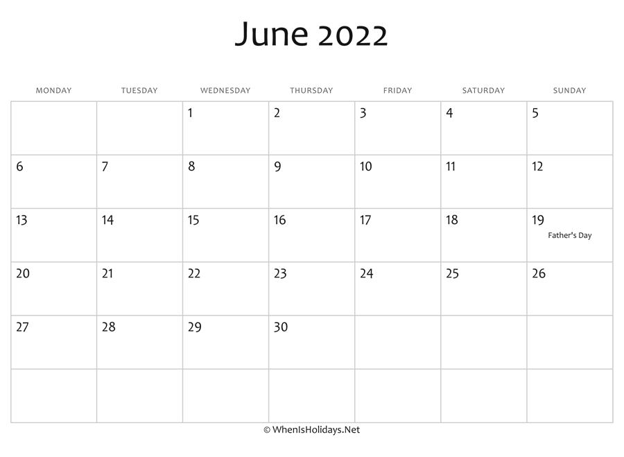 June Calendar 2022 With Holidays June 2022 Calendar Printable With Holidays | Whenisholidays.net