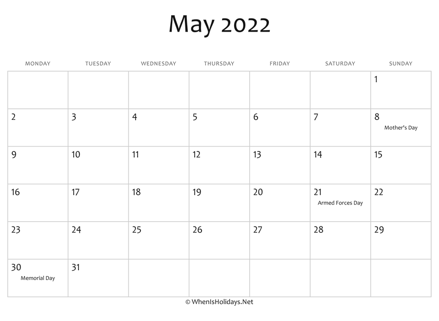 Memorial Day 2022 Calendar May 2022 Calendar Printable With Holidays | Whenisholidays.net