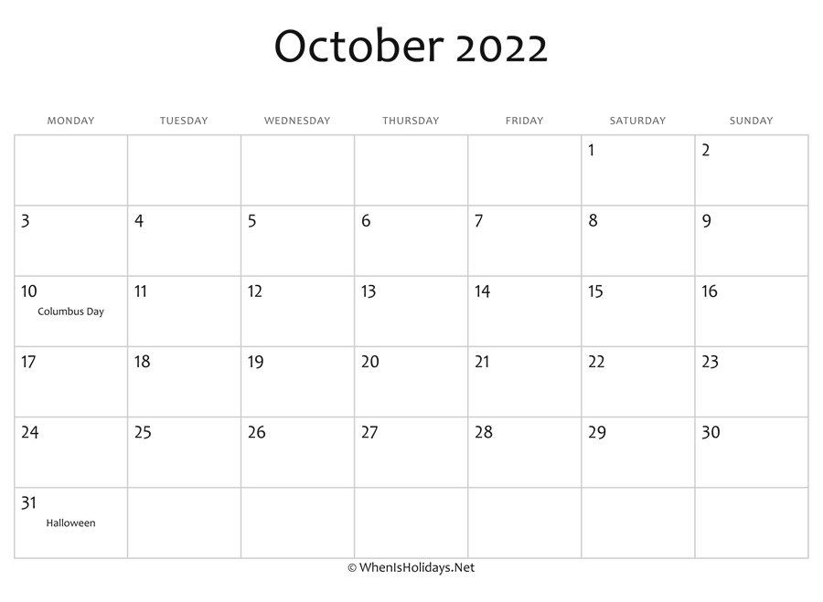 October 2022 Holiday Calendar October 2022 Calendar Printable With Holidays | Whenisholidays.net
