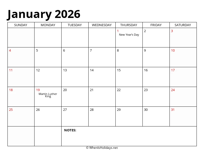 January 2026 Classic Calendar