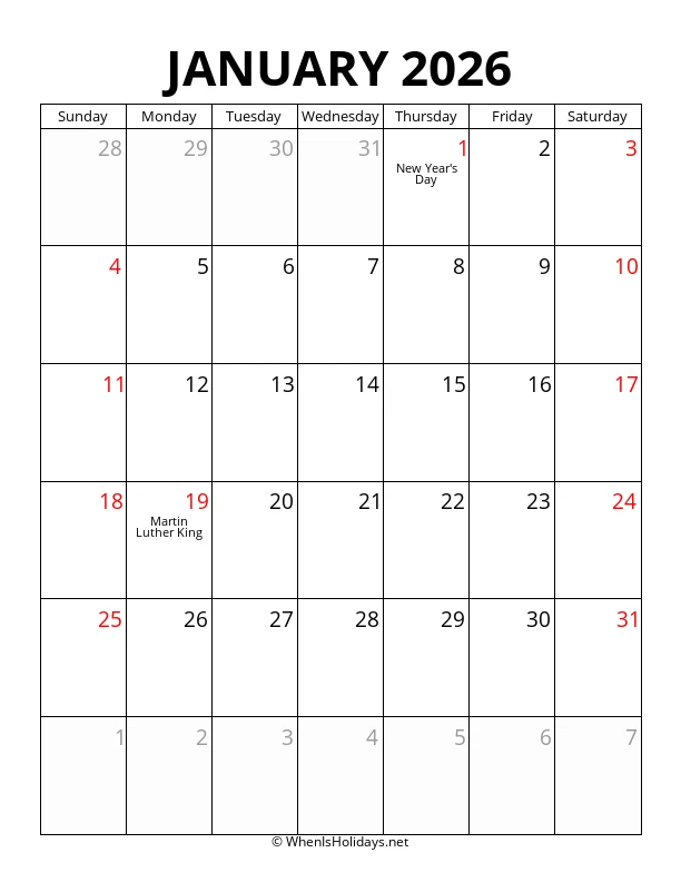 January 2026 Portrait Calendar