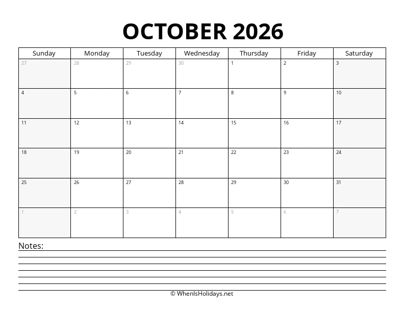 October 2026 Bottom Notes Calendar