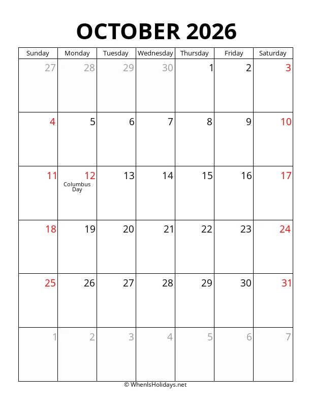 October 2026 Portrait Calendar