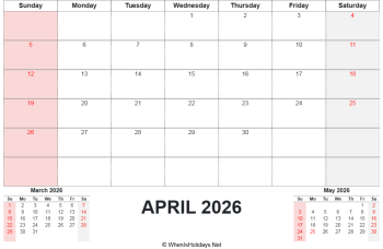 april 2026 calendar printable with us holidays and two mini calendars at bottom, horizontal layout