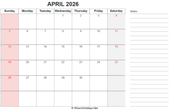 calendar april 2026 with us holidays and right notes, landscape orientation