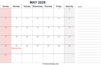 calendar may 2026 with us holidays and right notes, landscape orientation