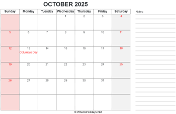 calendar october 2025 with us holidays and right notes, landscape orientation