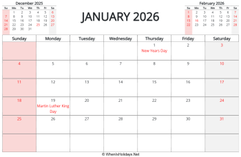 january 2026 calendar with us holidays and two mini calendars, horizontal layout