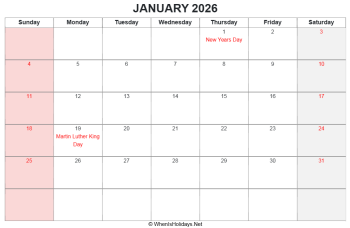 january 2026 printable calendar with us holidays, landscape layout