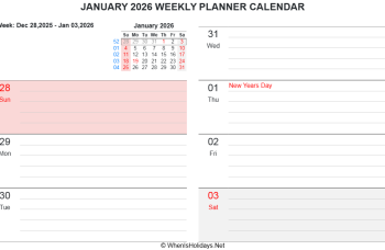 january 2026 weekly planner calendar with us holidays, horizontal layout