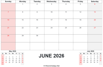 june 2026 calendar printable with us holidays and two mini calendars at bottom, horizontal layout