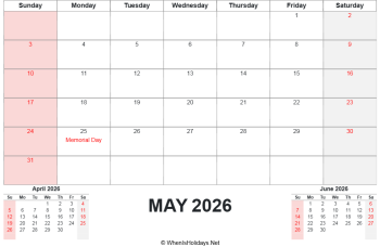 may 2026 calendar printable with us holidays and two mini calendars at bottom, horizontal layout