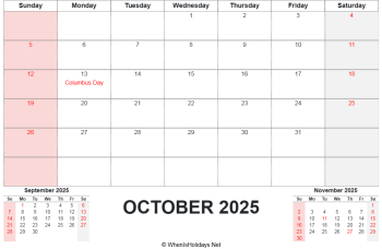 october 2025 calendar printable with us holidays and two mini calendars at bottom, horizontal layout