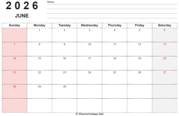 printable june 2026 calendar with us holidays and notes on top, landscape layout