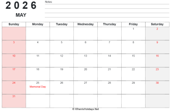 printable may 2026 calendar with us holidays and notes on top, landscape layout