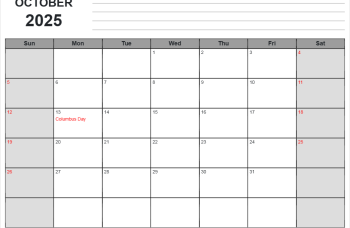 2025 october calendar with us holidays, sunday start, notes on top, landscape letter