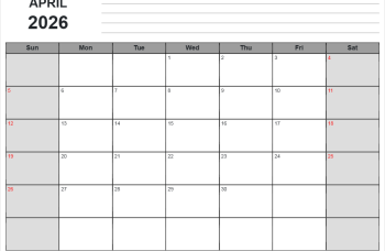 2026 april calendar with us holidays, sunday start, notes on top, landscape letter