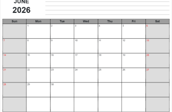 2026 june calendar with us holidays, sunday start, notes on top, landscape letter
