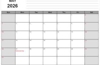 2026 may calendar with us holidays, sunday start, notes on top, landscape letter