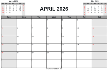 april 2026 printable calendar with us holidays, sunday start, landscape letter