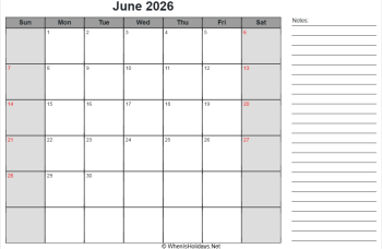 editable june 2026 calendar with us holidays, sunday start, notes on right, landscape letter