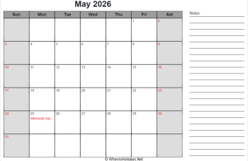 editable may 2026 calendar with us holidays, sunday start, notes on right, landscape letter