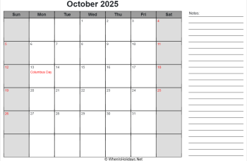 editable october 2025 calendar with us holidays, sunday start, notes on right, landscape letter