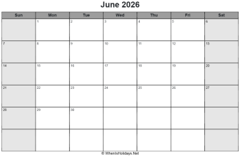 june 2026 calendar with us holidays, sunday start, landscape letter