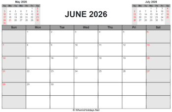 june 2026 printable calendar with us holidays, sunday start, landscape letter