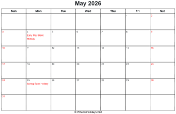 may 2026 calendar with uk bank holidays, sunday start, landscape letter