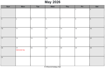 may 2026 calendar with us holidays, sunday start, landscape letter