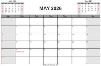 may 2026 printable calendar with us holidays, sunday start, landscape letter