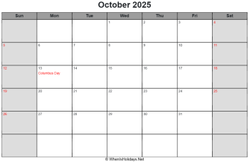 october 2025 calendar with us holidays, sunday start, landscape letter