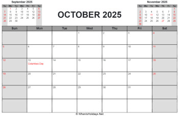 october 2025 printable calendar with us holidays, sunday start, landscape letter