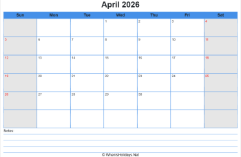 printable april calendar 2026 with us holidays, sunday start, notes at bottom, landscape letter