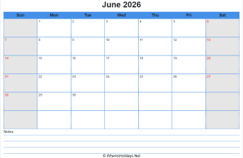 printable june calendar 2026 with us holidays, sunday start, notes at bottom, landscape letter