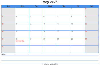 printable may calendar 2026 with us holidays, sunday start, notes at bottom, landscape letter