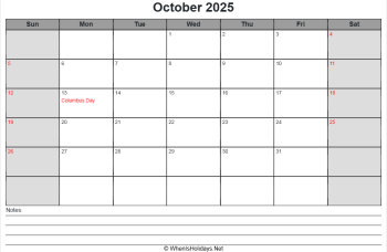 printable october calendar 2025 with us holidays, sunday start, notes at bottom, landscape letter